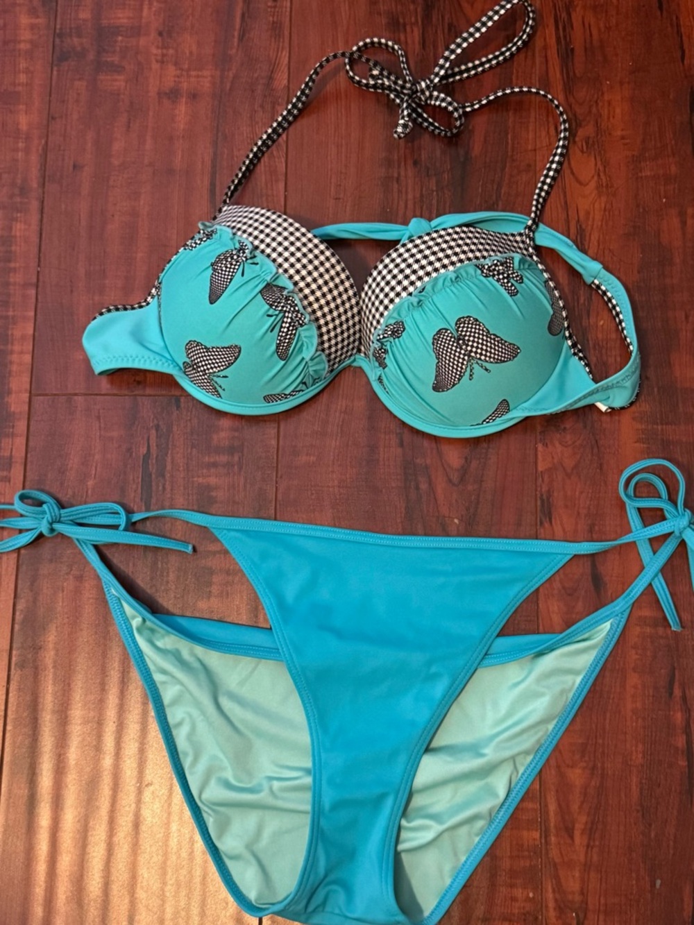 Victoria's Secret Turquoise Bikini Set with Black Gingham and Butterfly Print
